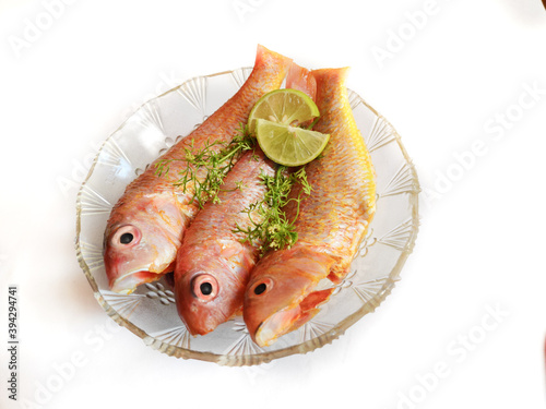 Close up view of fresh ready to cook whole cleaned pink perch fish decorated on a glass bowl with lemon slice and herbs.white background,selective focus. photo