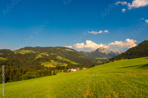 Mountain valley village landscape in Salzkammergut berge Alps . Mountain green valley village view austria near hallstatt