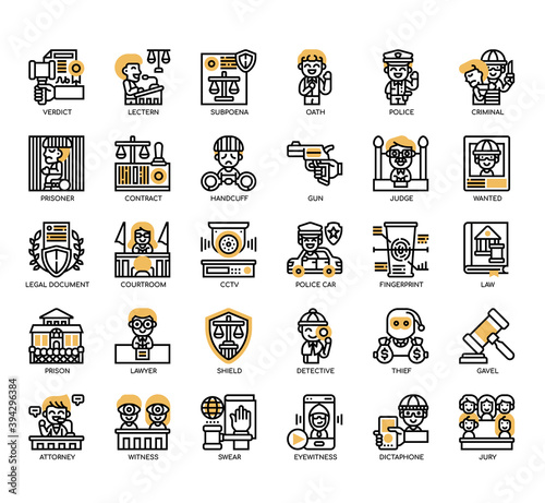 Set of Law and Justice thin line and pixel perfect icons for any web and app project.