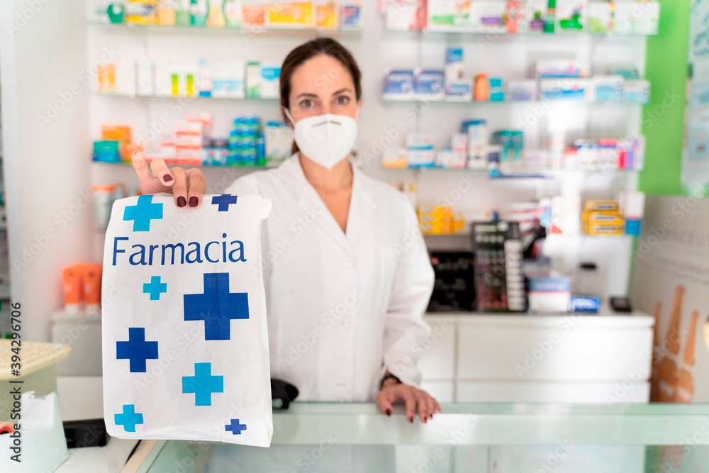 young pretty girl pharmacist with a bag whose word means young pretty girl pharmacist with a bag whose word means