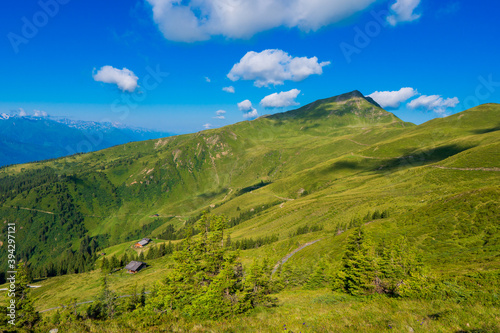 Idyllic landscape with mountain top above green pastures under a blue sky with white clouds high up in the Venediger Alps in summer. salzburg region, austria in europe