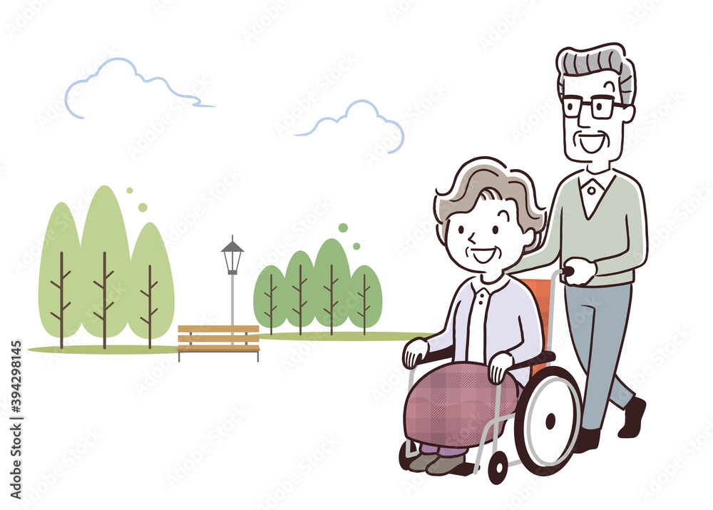 ベクターイラスト素材：車椅子を押して散歩するシニア夫婦
