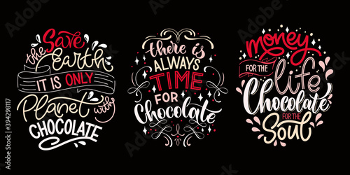 Chocolate hand lettering quotes set. Colorful Christmas word composition. Vector design elements for t-shirt, bag, poster, card, sticker and menu