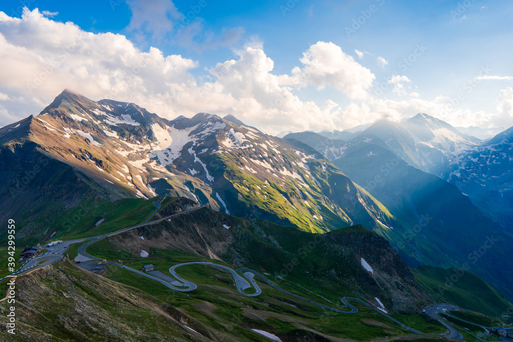 Panoramic Image of Grossglockner Alpine Road. Curvy Winding Road in Alps. Dramatic Sky. Austria