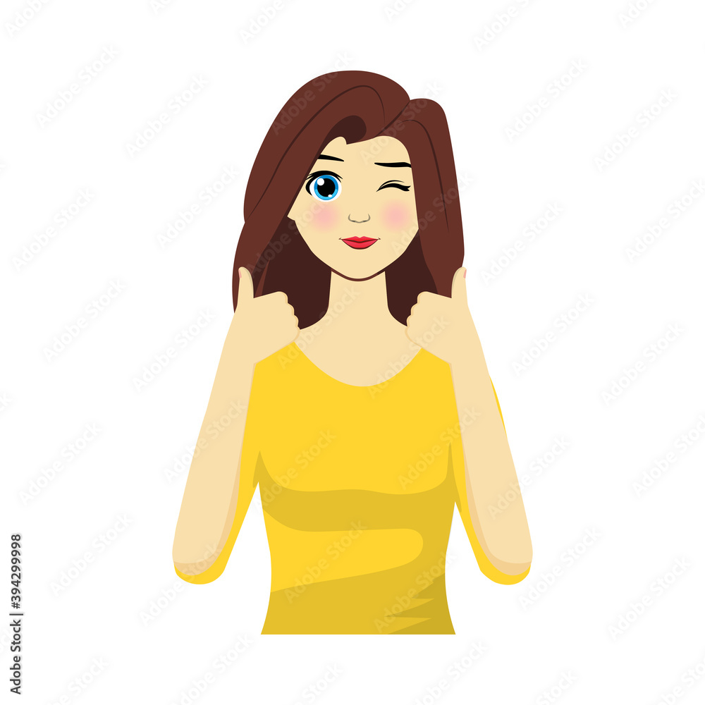 Beautiful woman expression character and emoticon face with thumb up gesture, vector illustration Beautiful woman expression character and emoticon face with thumb up gesture, vector illustration