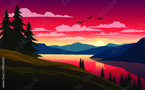 Beautiful sunset in mountains with lake