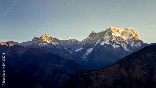 Mystical Chaukhamba peaks of Garhwal Himalayas during twilight from Deoria Tal camping site near Tungnath of Uttarakhand. © anjali04