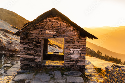 Huts made up of slate; Slate is a fine-grained,homogeneous metamorphic rock derived from an original shale-type sedimentary rock en route to Chandrashila hiking trail at Chopta Uttarakhand India. photo