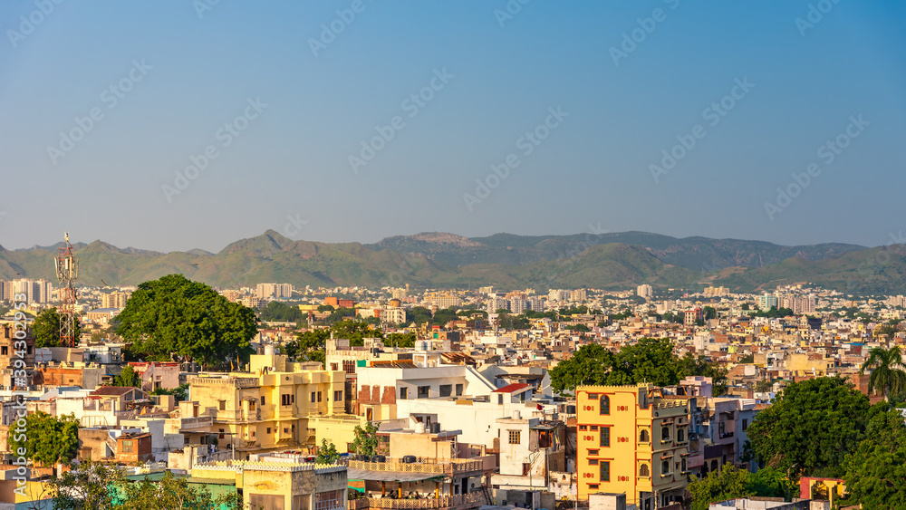 Aerial view of famous tourist city of Udaipur, Rajasthan, India.