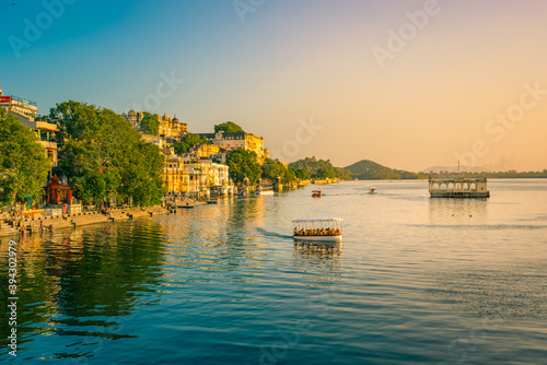 Panoramic view of city of lakes Udaipur with lake Pichola from Ambrai ghat,Rajasthan, India.