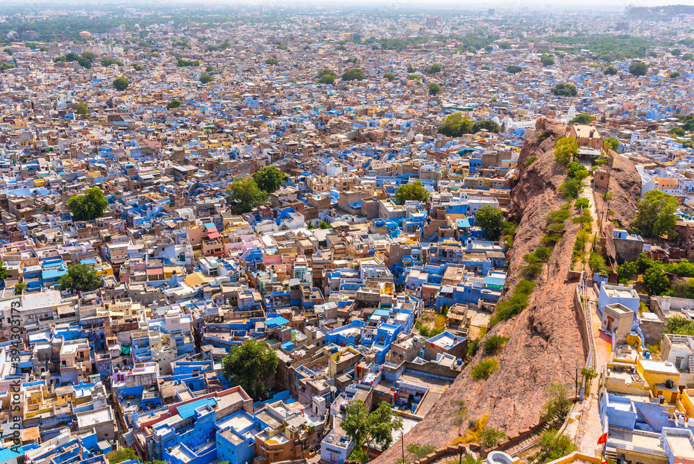 Panoramic view of Sun city Jodhpur also known as 'Blue City' due to the vivid blue-painted Brahmin houses. It is a popular tourist destination & second largest city in State of Rajasthan, India.