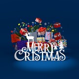 3d illustration Merry Christmas. Shopping and gifts from the store on a blue background. Festive entourage, coniferous branches, sweets, snowflakes. Shop poster