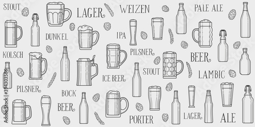 Background from various beer mugs, glasses and bottles. Beer styles lettering. Vector graphics for bar decoration