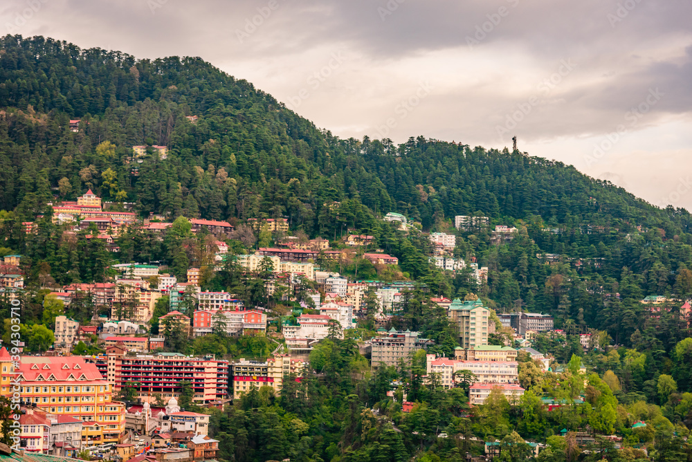 Beautiful panoramic cityscape of Shimla city  from mall road, Shimla is the state capital of Himachal Pradesh located amidst Himalayas of India.