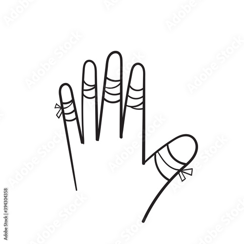 hand drawn hurted finger with bandage icon, hurt injured finger illustration in doodle style