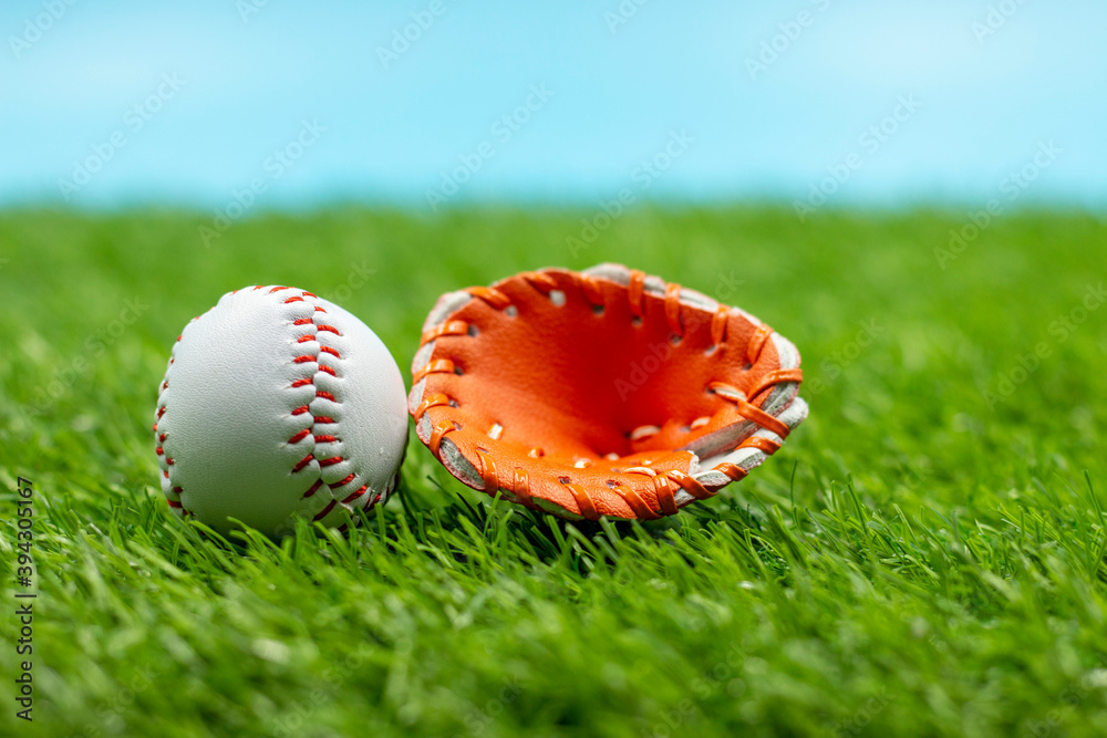 Naklejka premium Baseball is on green grass
