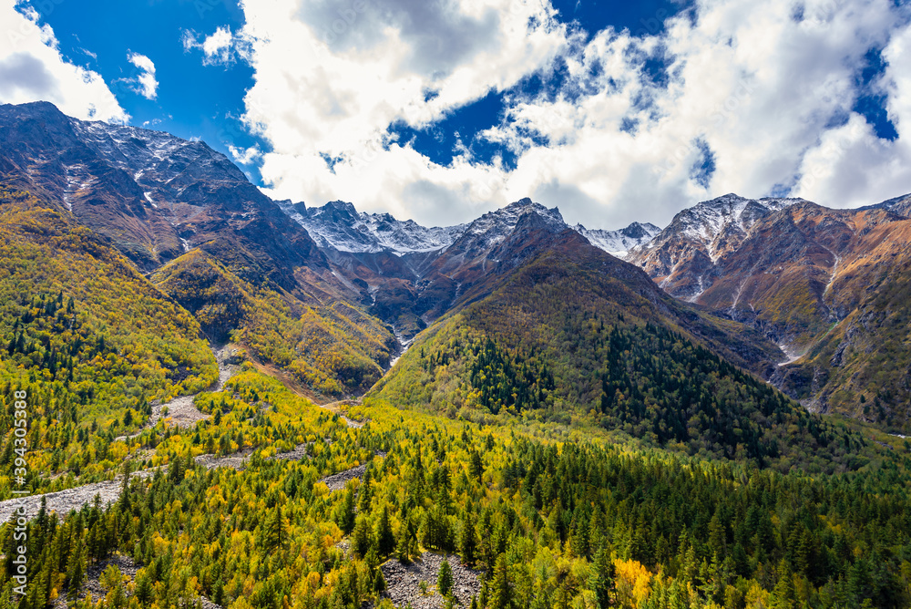 Landscape of Himalayas with Vegetation transition from Montane level to Nival level on slopes of mountains at Chitkul, Sangla Valley, Himachal Pradesh, India.