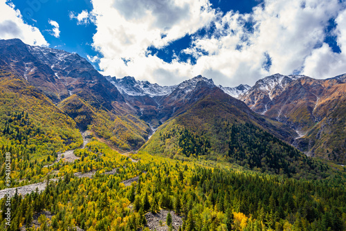 Landscape of Himalayas with Vegetation transition from Montane level to Nival level on slopes of mountains at Chitkul  Sangla Valley  Himachal Pradesh  India.