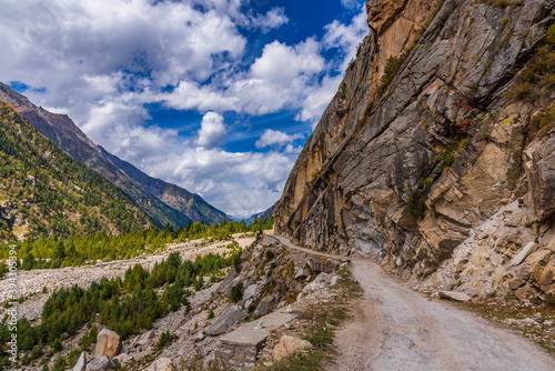 View from hilly mountain road travelling through Himalayas mountains near Chitkul, Kalpa Kinnaur, Himachal Pradesh, India.