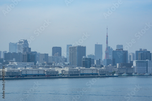 海を挟み東京のビル群を望む対照に青い空