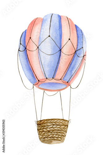 Children's illustration of a watercolor balloon with a basket flies. Blue and pink aircraft on a white background