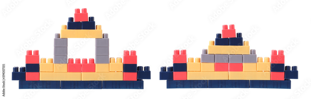 Small ship from plastic blocks on white background Small ship from plastic blocks on white background
