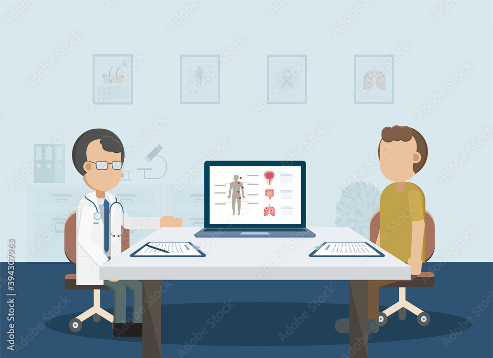 Male cancer check with doctor and patient flat design vector illustration Male cancer check with doctor and patient flat design vector illustration