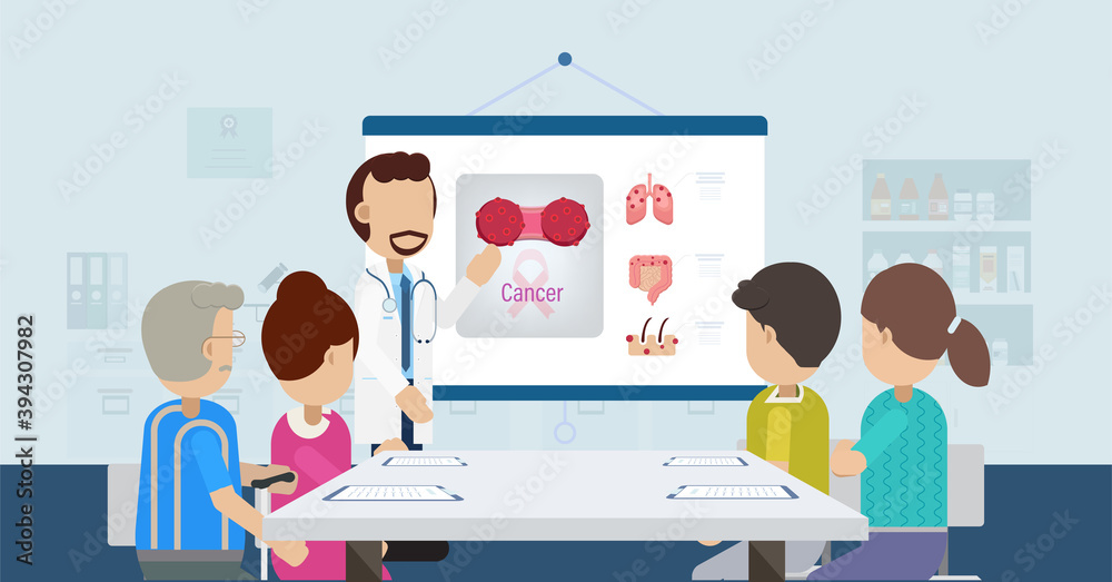 Cancer awareness concept with doctor and patients flat design vector illustration