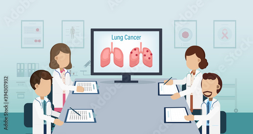 Doctor conference concept with group of doctors discuss about lung cancer flat design vector illustration