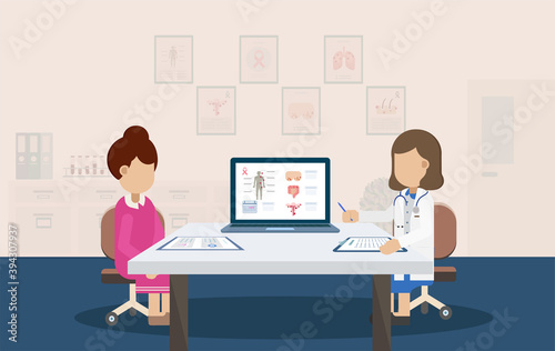 Female cancer check with doctor and patient flat design vector illustration