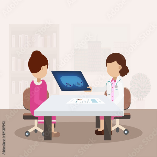 Breast cancer diagnosis with doctor and patient flat design vector illustration