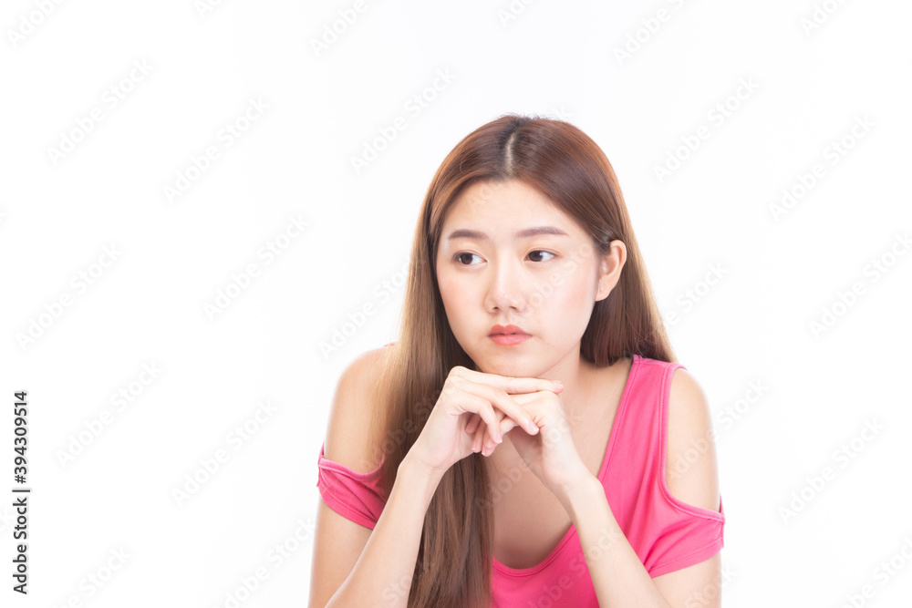 Fashion of a beautiful young asian woman in a pretty red vest on white background. fashion beauty and style. Fashion of a beautiful young asian woman in a pretty red vest on white background. fashion beauty and style.