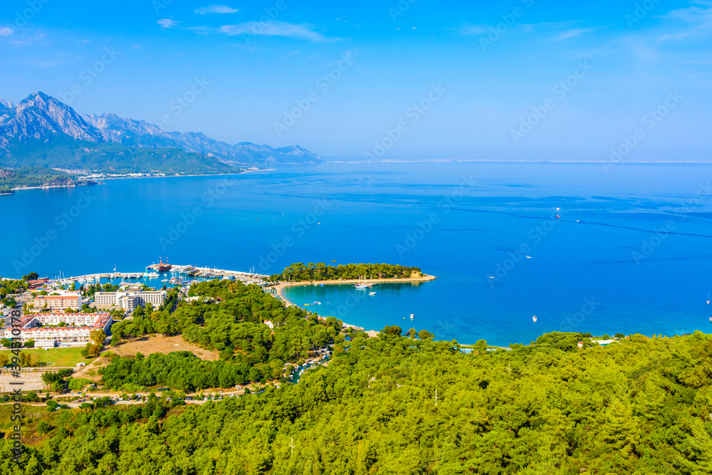 Aerial view of the marina in Kemer town. Antalya province, Turkey