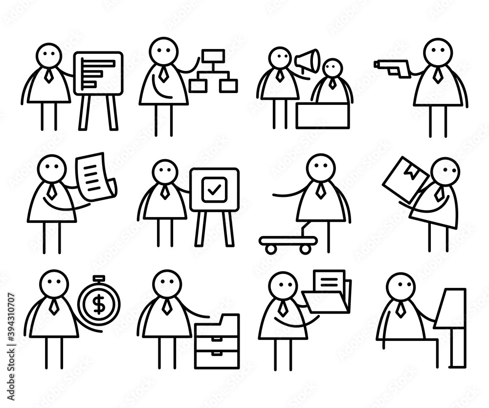 business people in various activities; businessman presenting, holding box, money, gun and working on computer business people in various activities; businessman presenting, holding box, money, gun and working on computer