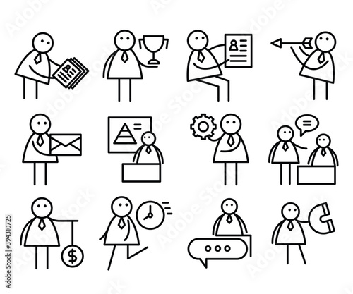 doodle business people in various activities; businessman holding cv, letter, trophy, arrow and presenting