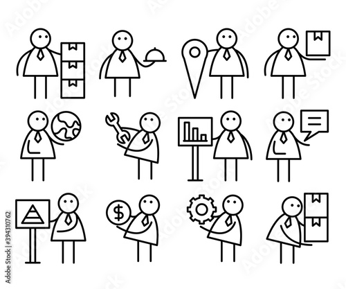 business people in various activities; businessman holding wrench, boxes, money, globe, pin and presenting