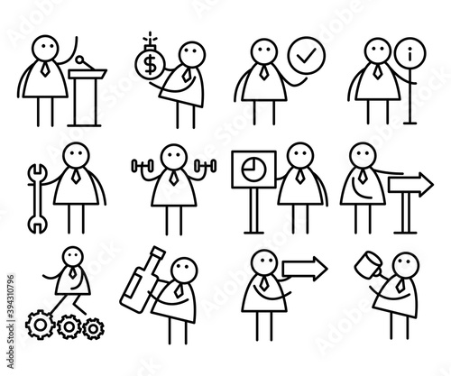 business people in various activities; businessman holding wrench, check mark, cup, bottle, money bomb, dumbbell and standing on podium