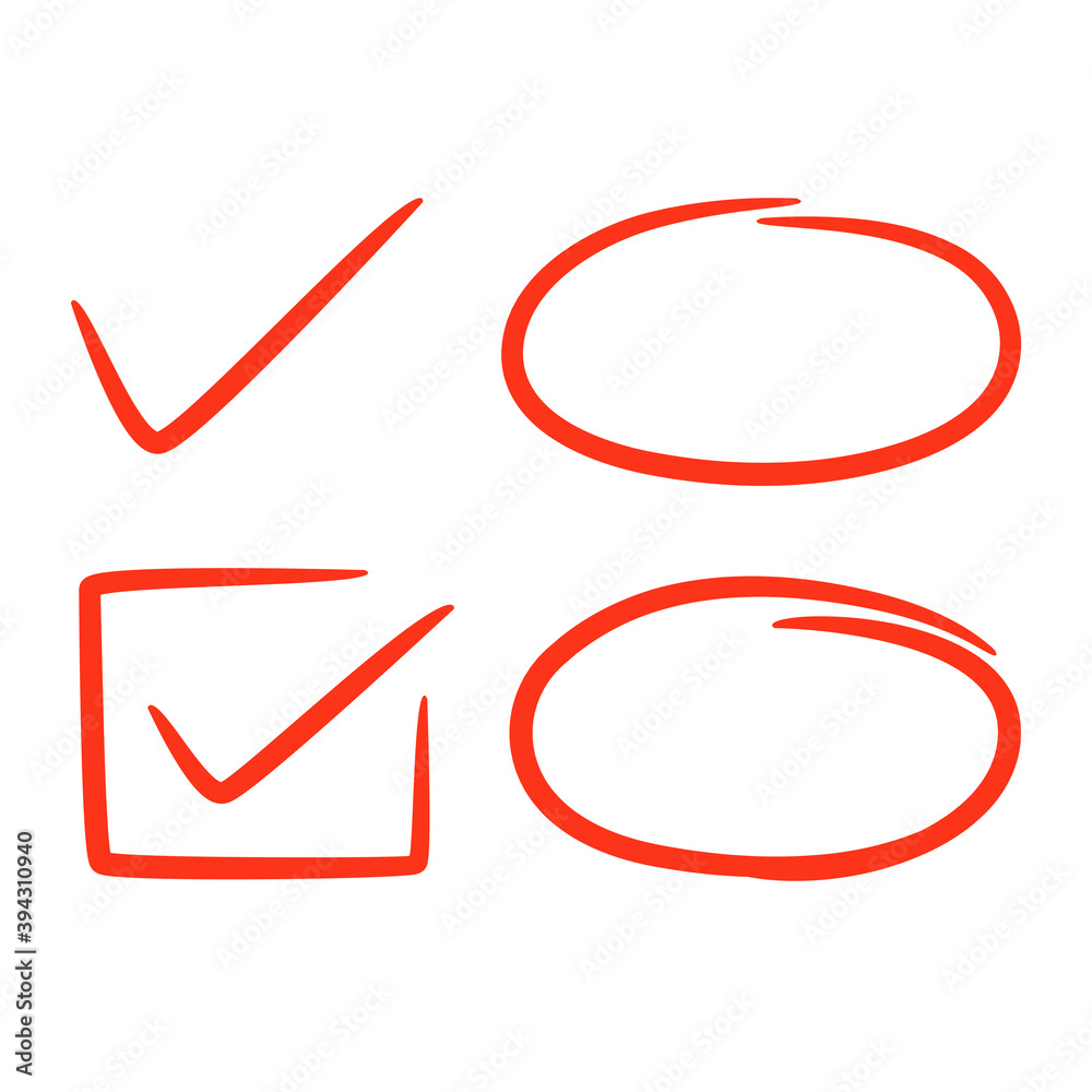 red hand drawn check mark and oval circle for highlighting text elements red hand drawn check mark and oval circle for highlighting text elements