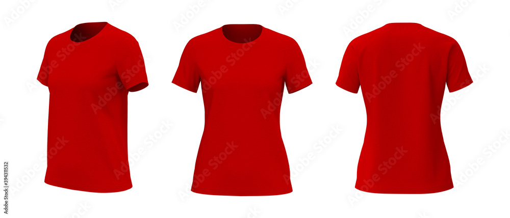 Women's crewneck t-shirt mockup, front, side and back views, design presentation for print, 3d illustration, 3d rendering Women's crewneck t-shirt mockup, front, side and back views, design presentation for print, 3d illustration, 3d rendering