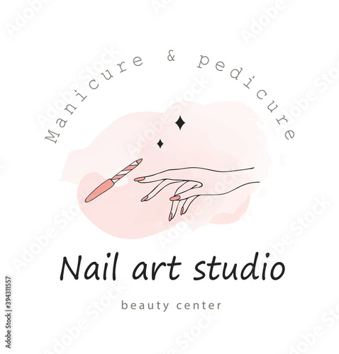 Vector logo template for nail art studio. Modern design for manicure and pedicure salon beauty and spa center. Linear illustration isolated on pink watercolor background.