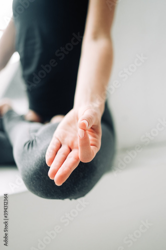 Hand in mudra position. Yoga practice detail