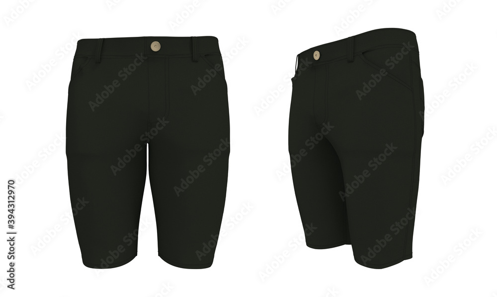 Men's shorts jeans in front, side and back views. 3d rendering, 3d illustration