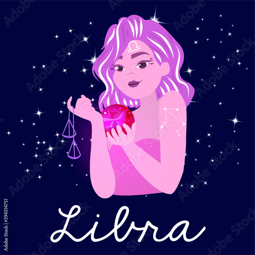 Illustration of woman of the zodiac sign Libra with her ruling planets Venus