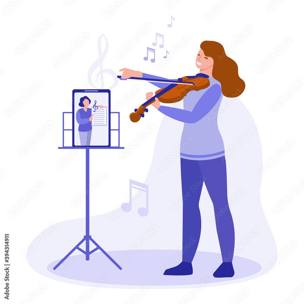 The concept of learning to play the violin online. Girl playing violin watching a lesson on a tablet.Vector illustration in cartoon flat style. de Stock | Stock