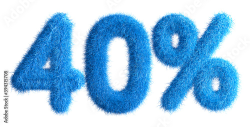 40% made from fur, fur font, 3d alphabet. Special offer forty percent off discount tag. 3d illustration. 