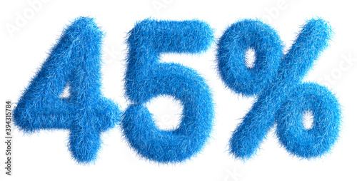 45% made from fur, fur font, 3d alphabet. Special offer forty-five percent off discount tag. 3d illustration. 