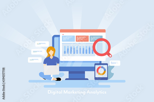 Businesswoman sitting on ground with laptop and checking digital marketing analytics report. Kpi dashboard on computer screen, diagram on mobile phone.