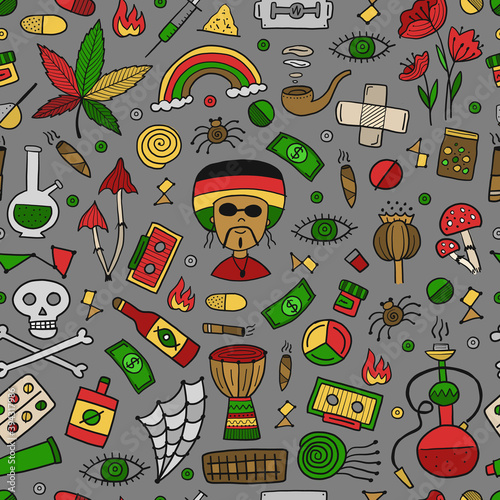 Drugs addiction. Say no to drugs. Rasta collection with skull, marijuana, dru...