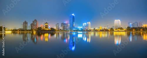 At night, the city skyline is in Taiyuan, Shanxi Province, China