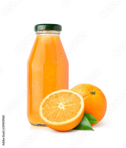 100% Natural orange juice with sacs and orange fruit isolated on white background.